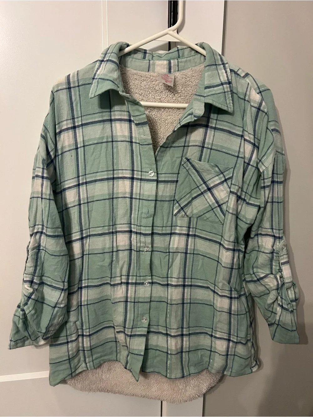 No Boundaries Mint Green Plaid Sherpa-Lined Shirt Jacket - Picture 6 of 6